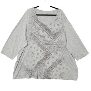 CATHERINES Gray Bandana Paisley 3/4 Sleeve Top SIZE 4X 30W-32W